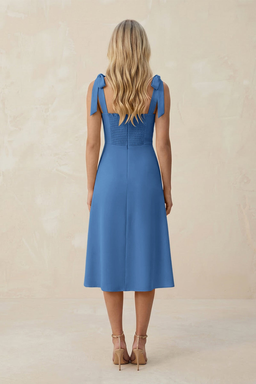 Square Neck A - Line Satin Midi Bridesmaid Dress With Bow in Dusty Blue - KISS BRIDAL Bridesmaid Dresses