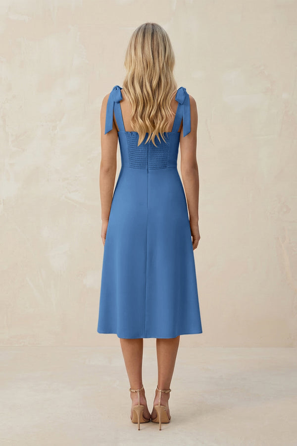 Square Neck A - Line Satin Midi Bridesmaid Dress With Bow in Dusty Blue - KISS BRIDAL Bridesmaid Dresses