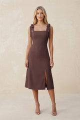 Square Neck A - Line Satin Midi Bridesmaid Dress With Bow in Espresso - KISS BRIDAL Bridesmaid Dresses