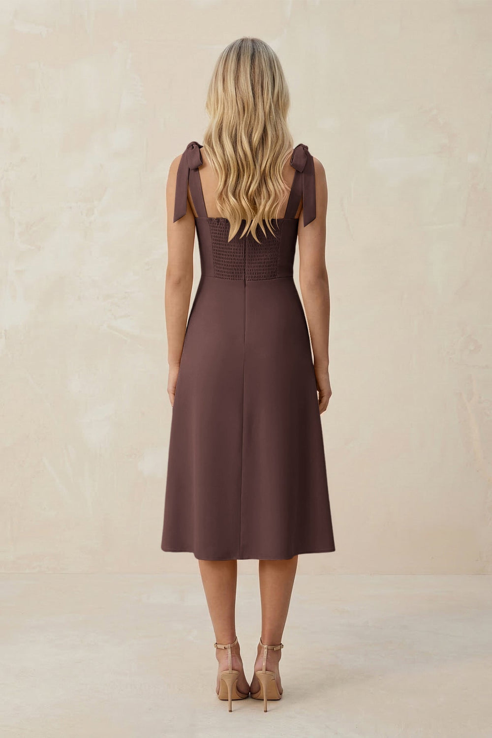Square Neck A - Line Satin Midi Bridesmaid Dress With Bow in Espresso - KISS BRIDAL Bridesmaid Dresses