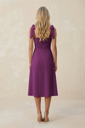 Square Neck A - Line Satin Midi Bridesmaid Dress With Bow in Fig - KISS BRIDAL Bridesmaid Dresses