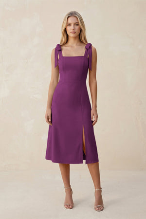 Square Neck A - Line Satin Midi Bridesmaid Dress With Bow in Fig - KISS BRIDAL Bridesmaid Dresses