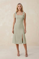 Square Neck A - Line Satin Midi Bridesmaid Dress With Bow in Frost - KISS BRIDAL Bridesmaid Dresses