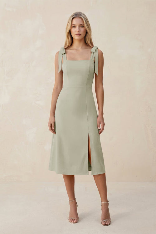 Square Neck A - Line Satin Midi Bridesmaid Dress With Bow in Frost - KISS BRIDAL Bridesmaid Dresses