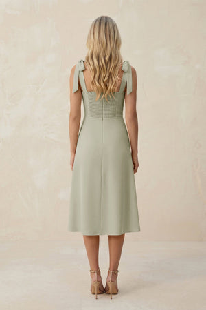 Square Neck A - Line Satin Midi Bridesmaid Dress With Bow in Frost - KISS BRIDAL Bridesmaid Dresses