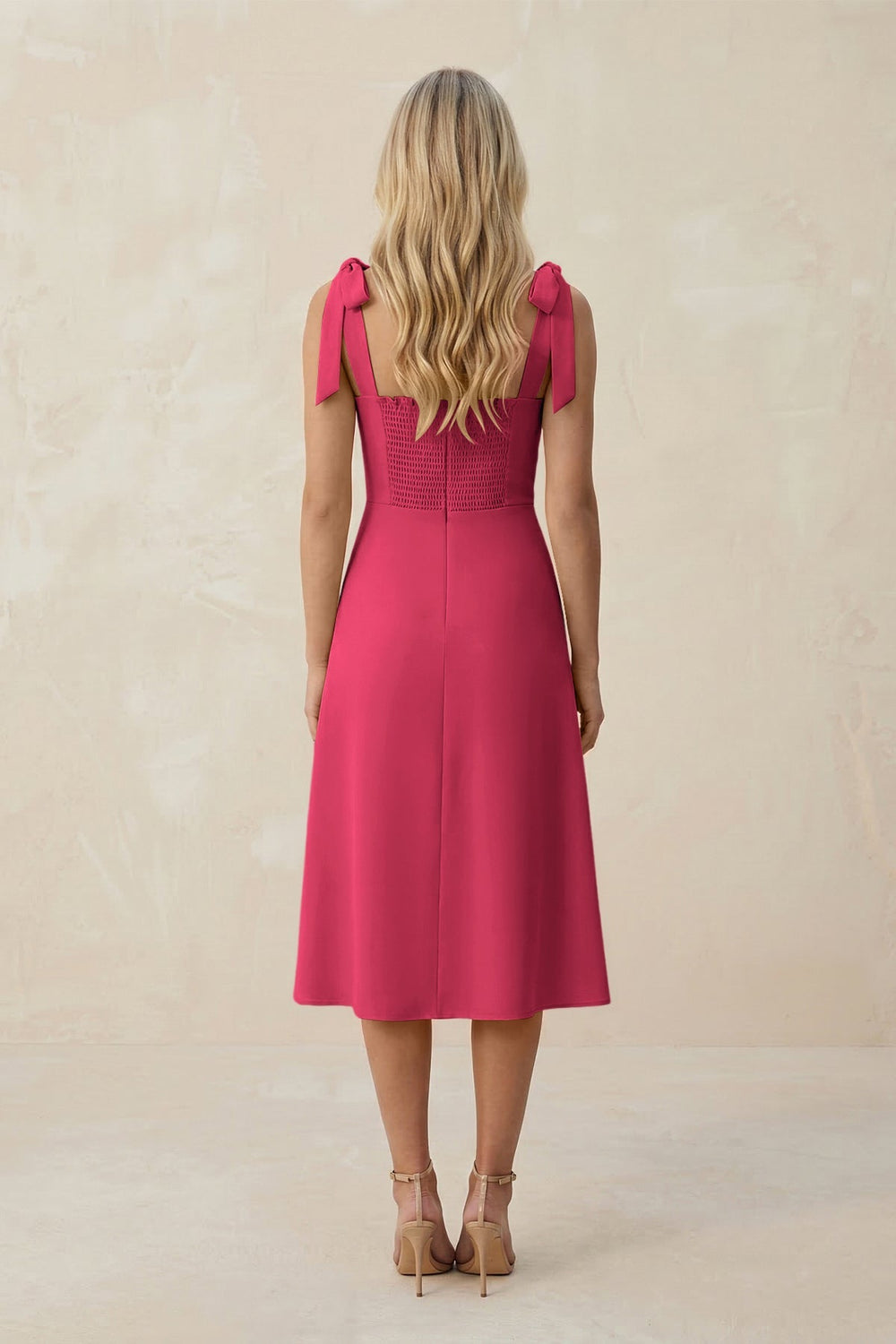 Square Neck A - Line Satin Midi Bridesmaid Dress With Bow in Fuchsia - KISS BRIDAL Bridesmaid Dresses