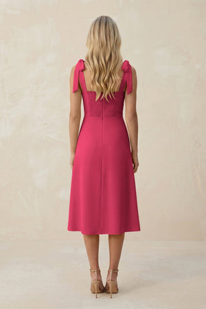 Square Neck A - Line Satin Midi Bridesmaid Dress With Bow in Fuchsia - KISS BRIDAL Bridesmaid Dresses