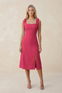 Square Neck A - Line Satin Midi Bridesmaid Dress With Bow in Fuchsia - KISS BRIDAL Bridesmaid Dresses
