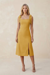 Square Neck A - Line Satin Midi Bridesmaid Dress With Bow in Gold - KISS BRIDAL Bridesmaid Dresses