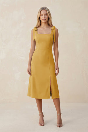 Square Neck A - Line Satin Midi Bridesmaid Dress With Bow in Gold - KISS BRIDAL Bridesmaid Dresses