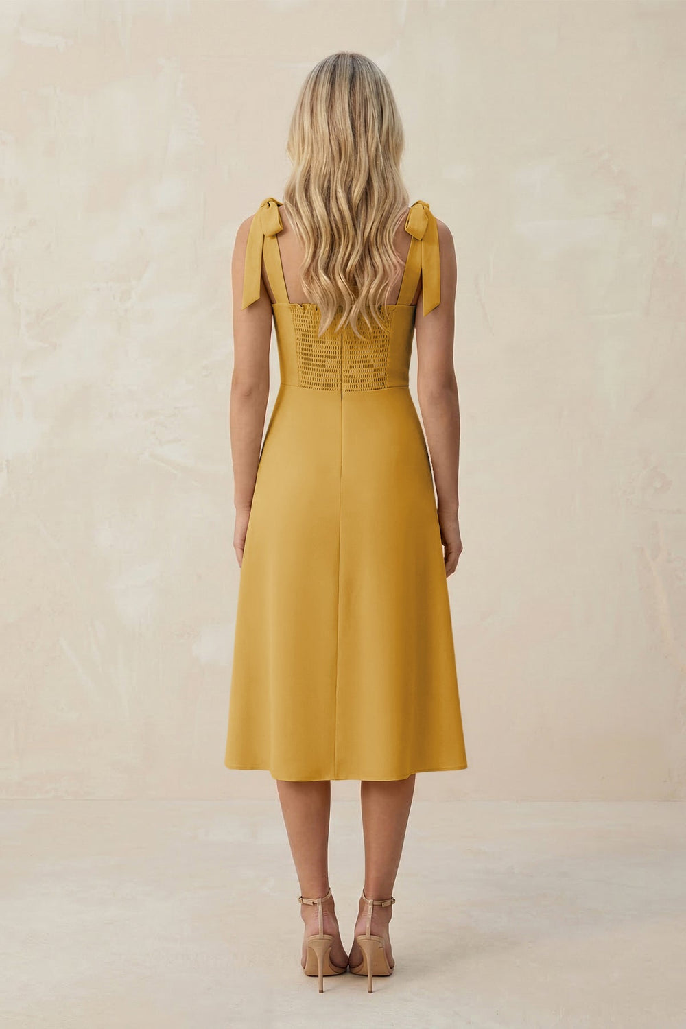 Square Neck A - Line Satin Midi Bridesmaid Dress With Bow in Gold - KISS BRIDAL Bridesmaid Dresses
