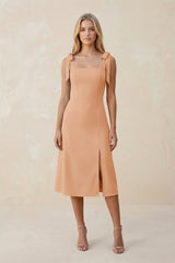 Square Neck A - Line Satin Midi Bridesmaid Dress With Bow in Golden Champagne - KISS BRIDAL Bridesmaid Dresses