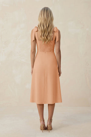 Square Neck A - Line Satin Midi Bridesmaid Dress With Bow in Golden Champagne - KISS BRIDAL Bridesmaid Dresses