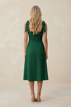 Square Neck A - Line Satin Midi Bridesmaid Dress With Bow in Green - KISS BRIDAL Bridesmaid Dresses