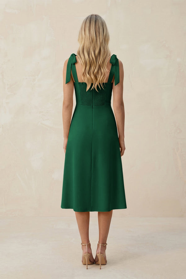Square Neck A - Line Satin Midi Bridesmaid Dress With Bow in Green - KISS BRIDAL Bridesmaid Dresses