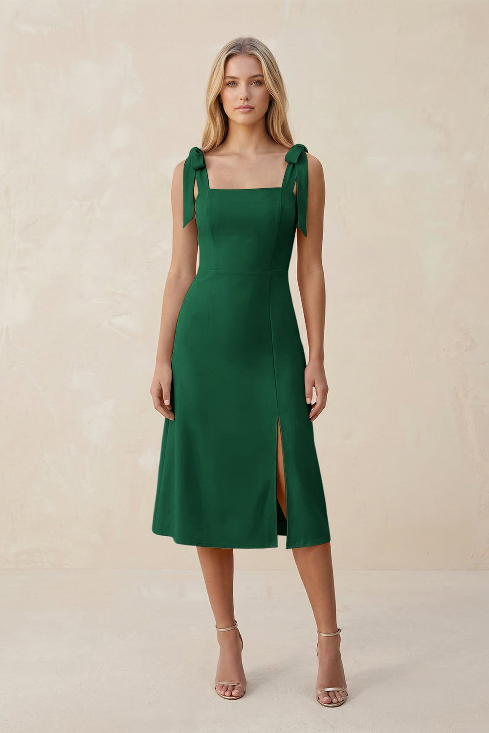 Square Neck A - Line Satin Midi Bridesmaid Dress With Bow in Green - KISS BRIDAL Bridesmaid Dresses