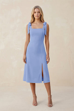 Square Neck A - Line Satin Midi Bridesmaid Dress With Bow in Ice - KISS BRIDAL Bridesmaid Dresses