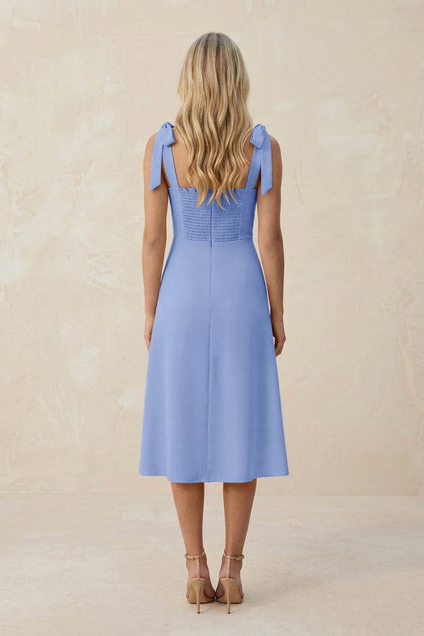 Square Neck A - Line Satin Midi Bridesmaid Dress With Bow in Ice - KISS BRIDAL Bridesmaid Dresses