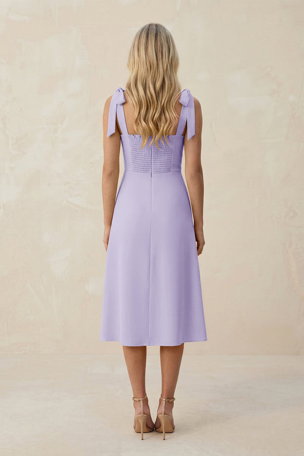 Square Neck A - Line Satin Midi Bridesmaid Dress With Bow in Lavender - KISS BRIDAL Bridesmaid Dresses