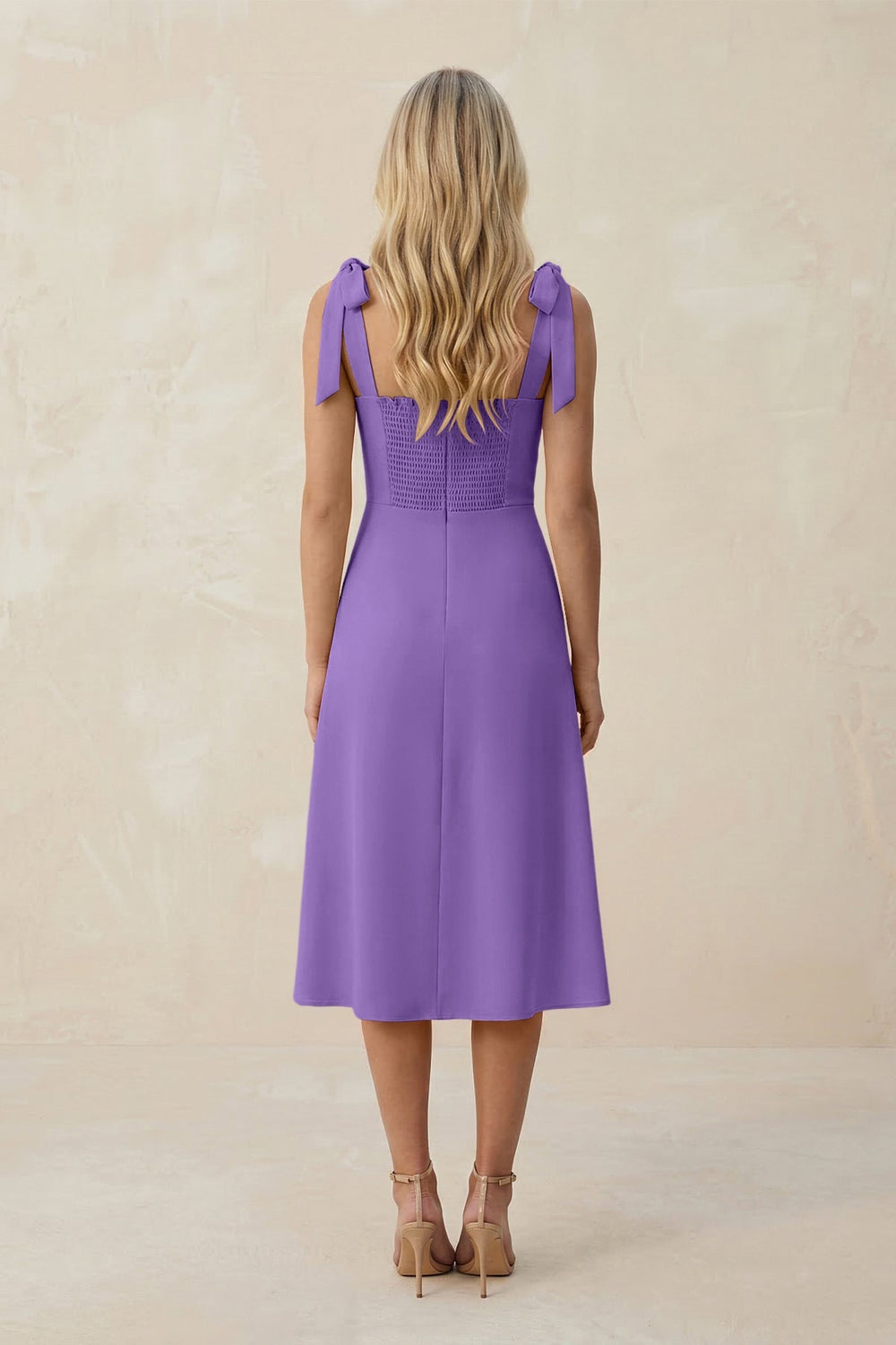 Square Neck A - Line Satin Midi Bridesmaid Dress With Bow in Lilac - KISS BRIDAL Bridesmaid Dresses