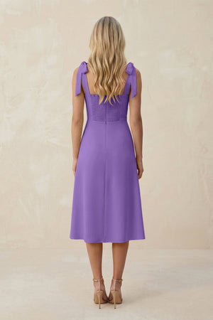 Square Neck A - Line Satin Midi Bridesmaid Dress With Bow in Lilac - KISS BRIDAL Bridesmaid Dresses