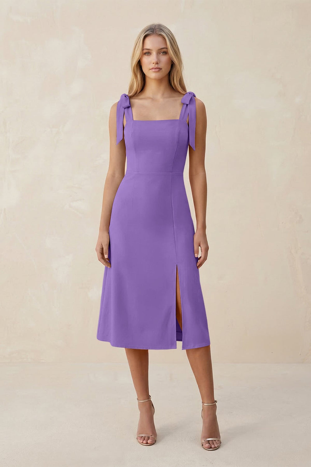 Square Neck A - Line Satin Midi Bridesmaid Dress With Bow in Lilac - KISS BRIDAL Bridesmaid Dresses