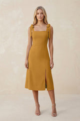 Square Neck A - Line Satin Midi Bridesmaid Dress With Bow in Marigold - KISS BRIDAL Bridesmaid Dresses