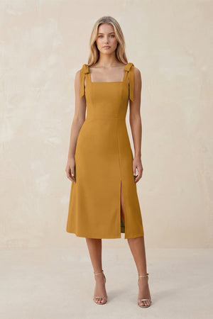 Square Neck A - Line Satin Midi Bridesmaid Dress With Bow in Marigold - KISS BRIDAL Bridesmaid Dresses