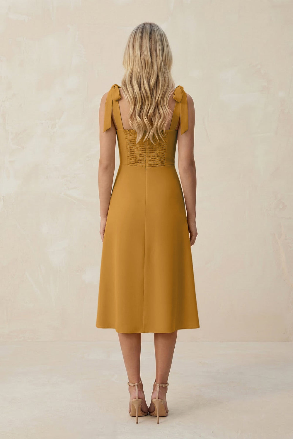 Square Neck A - Line Satin Midi Bridesmaid Dress With Bow in Marigold - KISS BRIDAL Bridesmaid Dresses