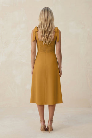 Square Neck A - Line Satin Midi Bridesmaid Dress With Bow in Marigold - KISS BRIDAL Bridesmaid Dresses