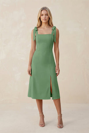 Square Neck A - Line Satin Midi Bridesmaid Dress With Bow in Matcha - KISS BRIDAL Bridesmaid Dresses