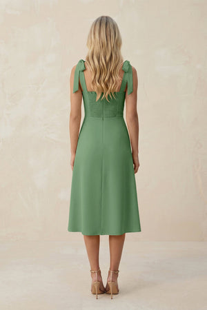 Square Neck A - Line Satin Midi Bridesmaid Dress With Bow in Matcha - KISS BRIDAL Bridesmaid Dresses