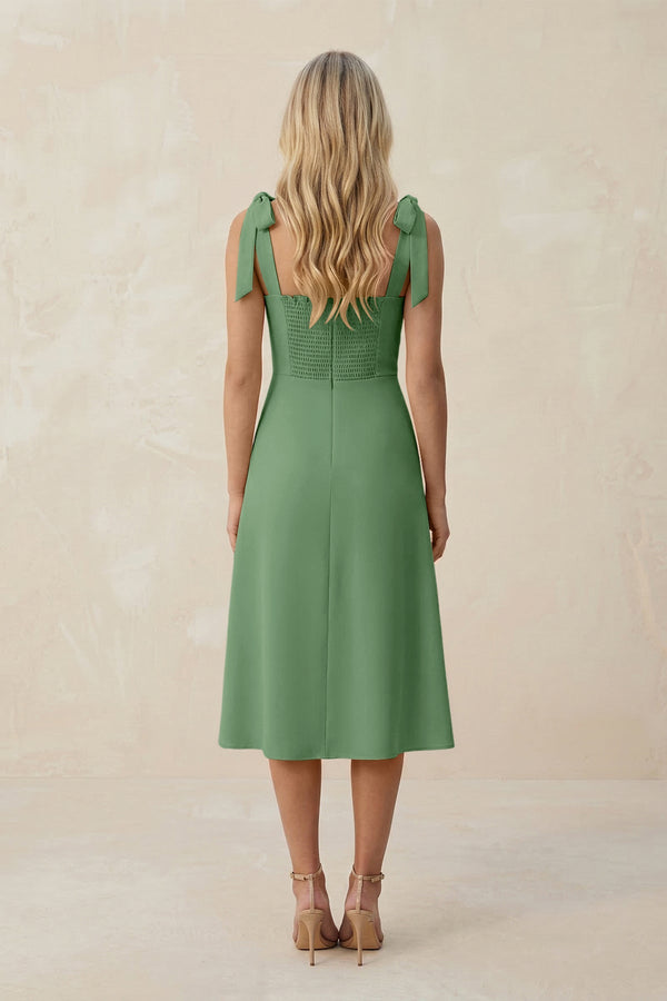 Square Neck A - Line Satin Midi Bridesmaid Dress With Bow in Matcha - KISS BRIDAL Bridesmaid Dresses