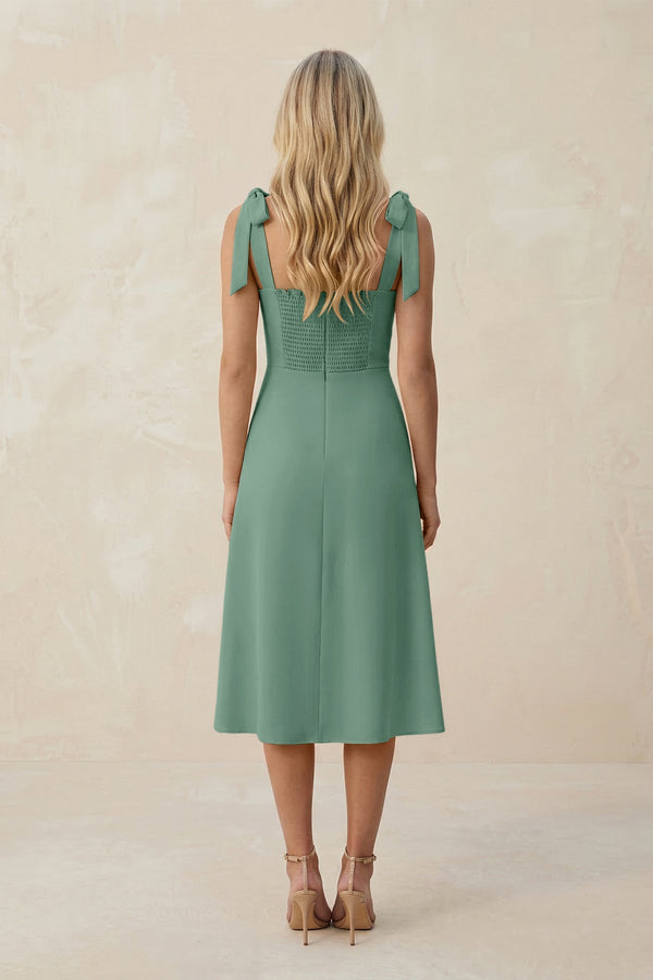 Square Neck A - Line Satin Midi Bridesmaid Dress With Bow in Mint Green - KISS BRIDAL Bridesmaid Dresses