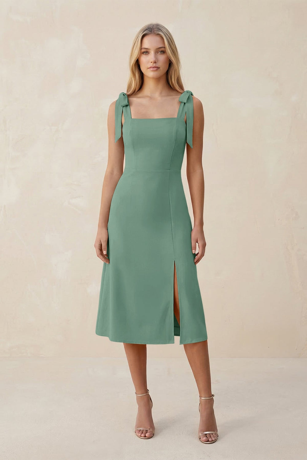 Square Neck A - Line Satin Midi Bridesmaid Dress With Bow in Mint Green - KISS BRIDAL Bridesmaid Dresses