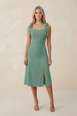 Square Neck A - Line Satin Midi Bridesmaid Dress With Bow in Mint Green - KISS BRIDAL Bridesmaid Dresses