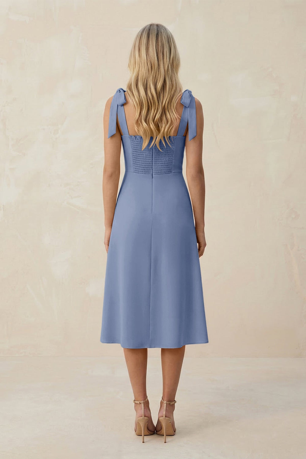 Square Neck A - Line Satin Midi Bridesmaid Dress With Bow in Mist - KISS BRIDAL Bridesmaid Dresses