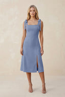 Square Neck A - Line Satin Midi Bridesmaid Dress With Bow in Mist - KISS BRIDAL Bridesmaid Dresses