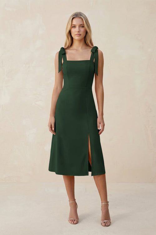 Square Neck A - Line Satin Midi Bridesmaid Dress With Bow in Moss - KISS BRIDAL Bridesmaid Dresses