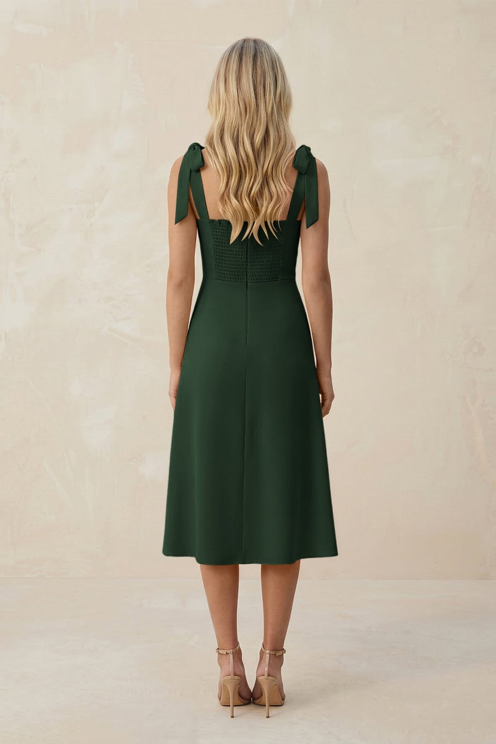 Square Neck A - Line Satin Midi Bridesmaid Dress With Bow in Moss - KISS BRIDAL Bridesmaid Dresses