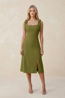 Square Neck A - Line Satin Midi Bridesmaid Dress With Bow in Moss Green - KISS BRIDAL Bridesmaid Dresses