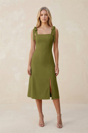Square Neck A - Line Satin Midi Bridesmaid Dress With Bow in Moss Green - KISS BRIDAL Bridesmaid Dresses
