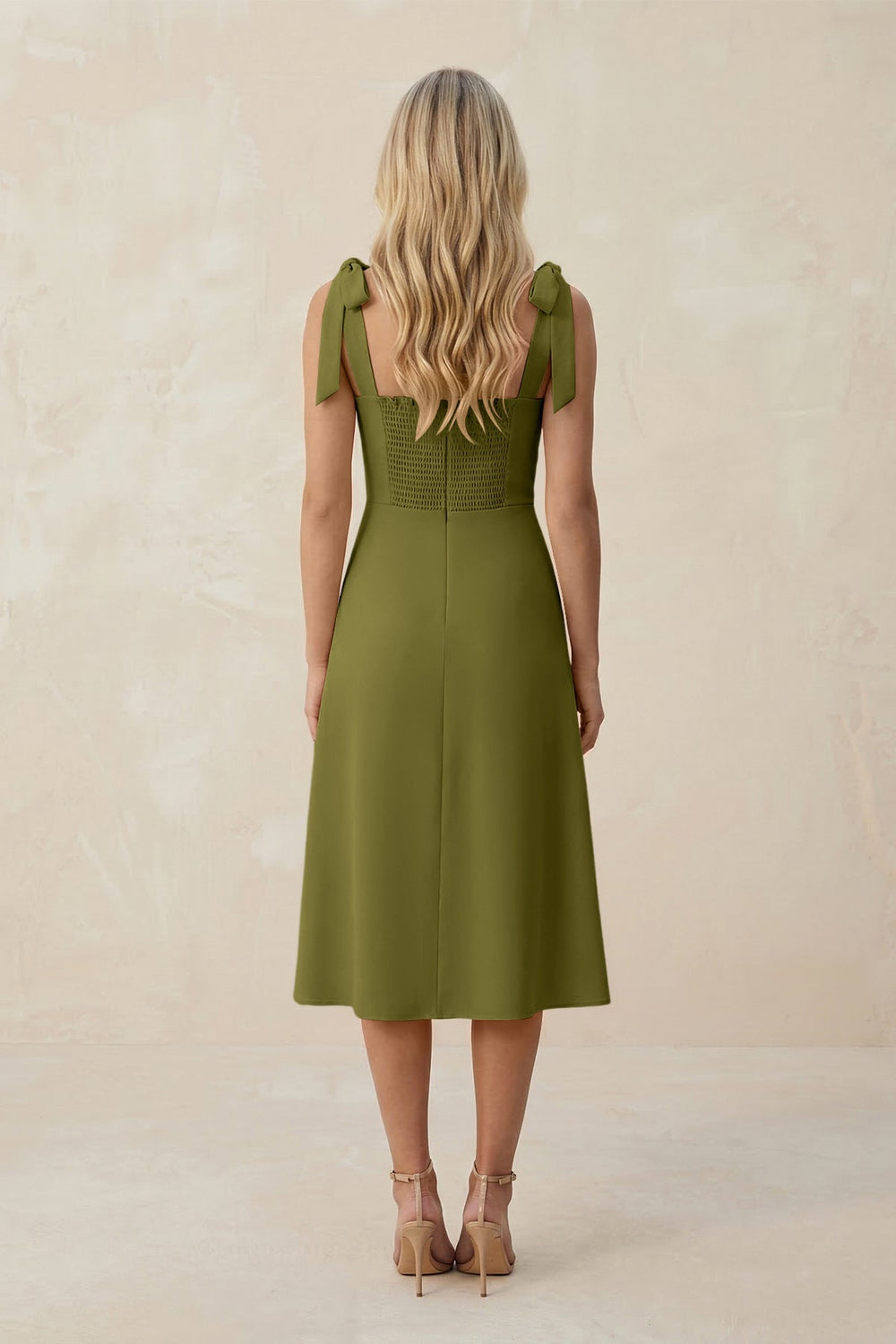 Square Neck A - Line Satin Midi Bridesmaid Dress With Bow in Moss Green - KISS BRIDAL Bridesmaid Dresses