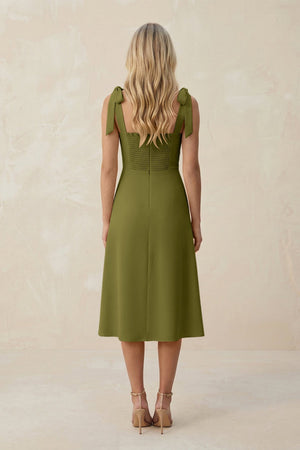 Square Neck A - Line Satin Midi Bridesmaid Dress With Bow in Moss Green - KISS BRIDAL Bridesmaid Dresses