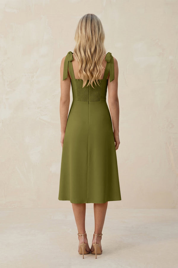 Square Neck A - Line Satin Midi Bridesmaid Dress With Bow in Moss Green - KISS BRIDAL Bridesmaid Dresses