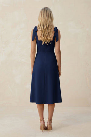 Square Neck A - Line Satin Midi Bridesmaid Dress With Bow in Navy - KISS BRIDAL Bridesmaid Dresses