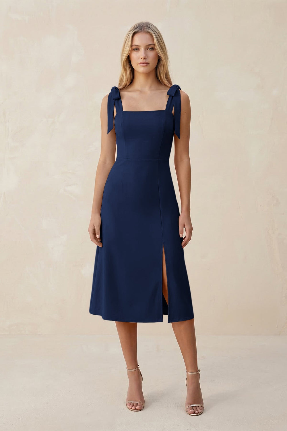 Square Neck A - Line Satin Midi Bridesmaid Dress With Bow in Navy - KISS BRIDAL Bridesmaid Dresses
