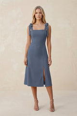 Square Neck A - Line Satin Midi Bridesmaid Dress With Bow in Neptune - KISS BRIDAL Bridesmaid Dresses