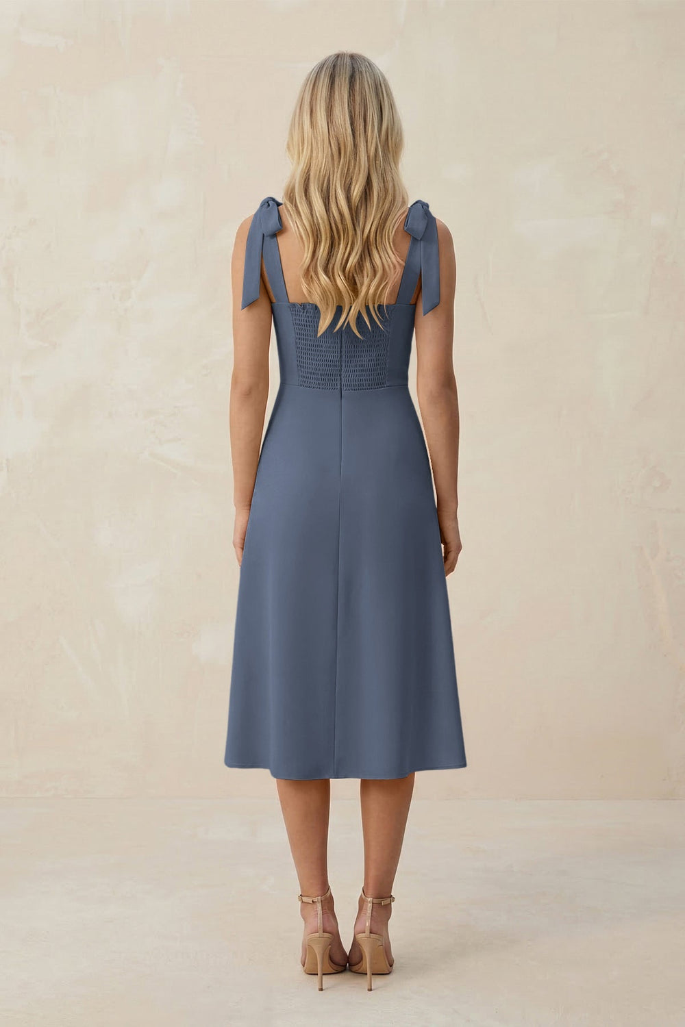 Square Neck A - Line Satin Midi Bridesmaid Dress With Bow in Neptune - KISS BRIDAL Bridesmaid Dresses
