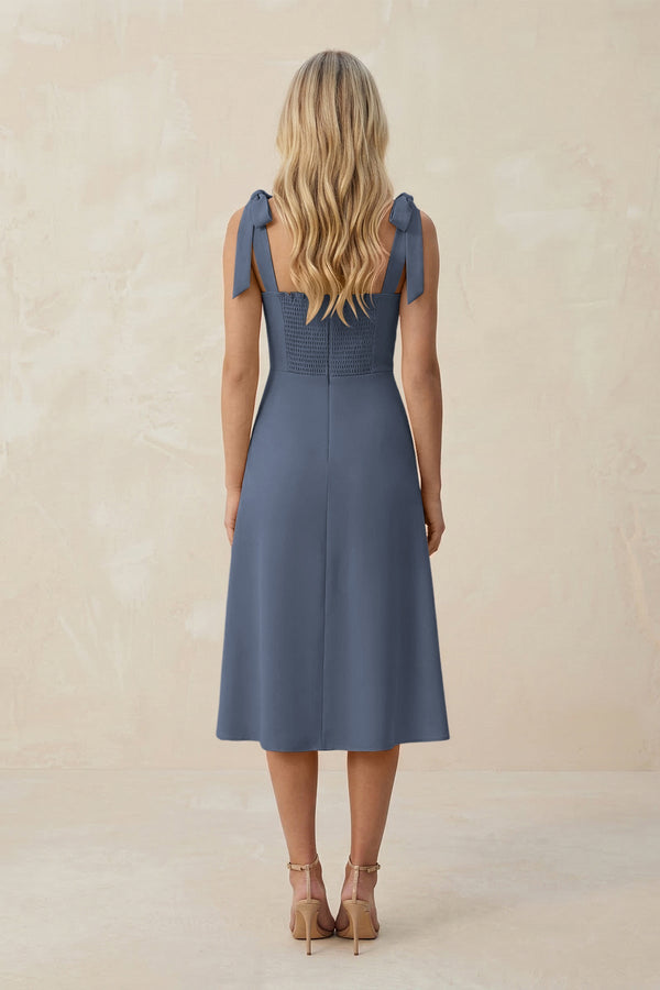 Square Neck A - Line Satin Midi Bridesmaid Dress With Bow in Neptune - KISS BRIDAL Bridesmaid Dresses